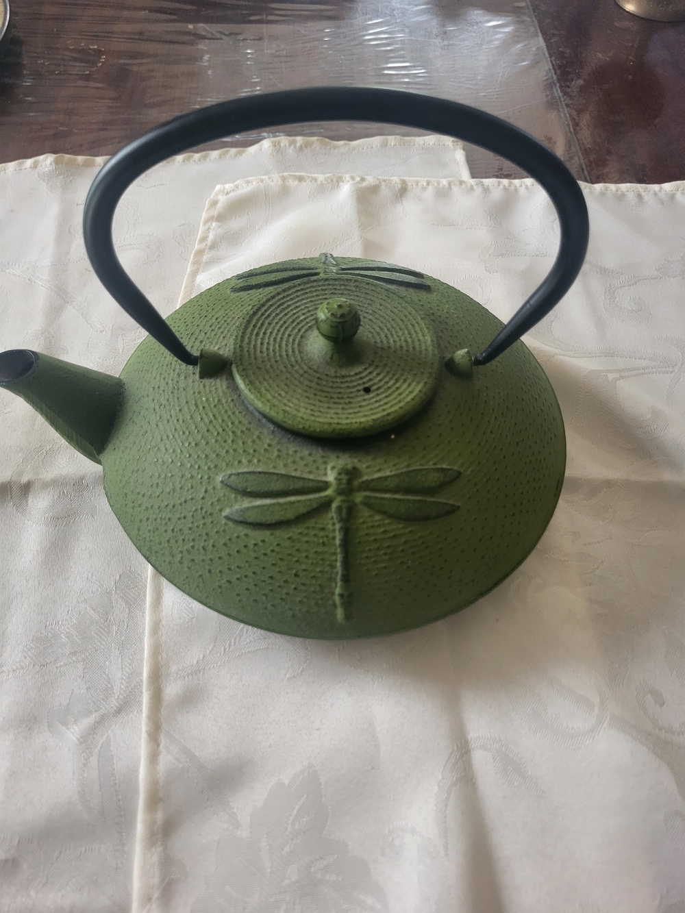 Sierra cast iron graceful teapot features an elegant green dragonfly surface